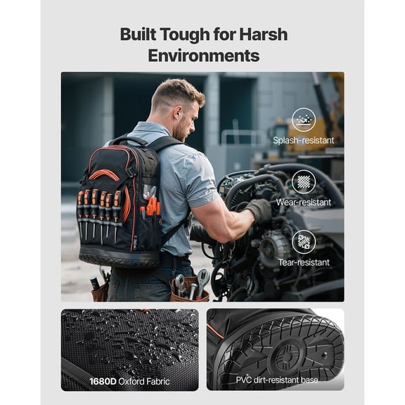 Tool Backpack 65 Pockets Heavy Duty Tools Storage Organizer Work Bag with Laptop Compartment and Molded Base for Electrician Repairman HVAC Techs