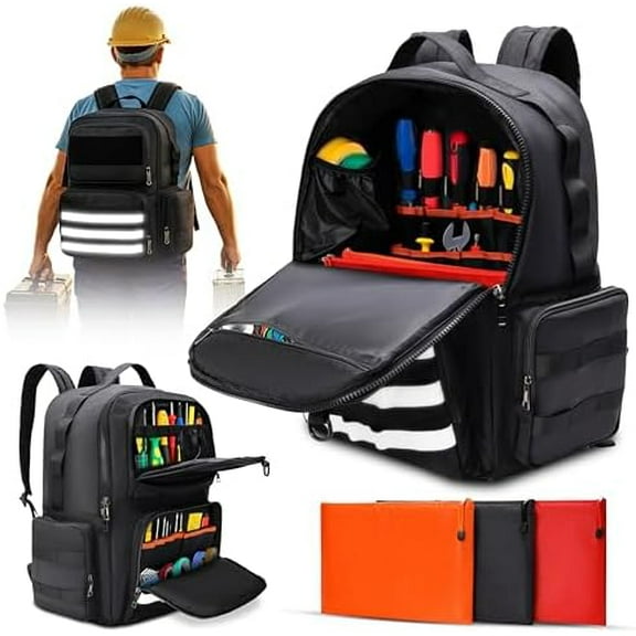 Tool Backpack Heavy Duty With 3 Storage Pouches, Reflective Tactical Tool Organizer Bag with Padded Shoulder & Waist Support For HVAC Technician, Electrician, Handyman & Repairman - Black$$Tools