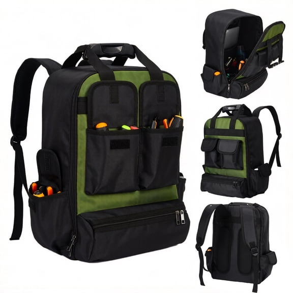Tool Backpack, Heavy Duty 30L Tool Bag Organizer with Waterproof Molded Hard Bottom, Laptop Storage Utility Backpack, Black+Green