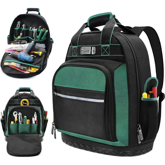 Tool Backpack Heavy Duty with Hard Bottom, Tool Backpack for Men, Electrician Bag, 15 Pockets, Waterproof Construction Backpack for HVAC, Mechanics, and Jobsite