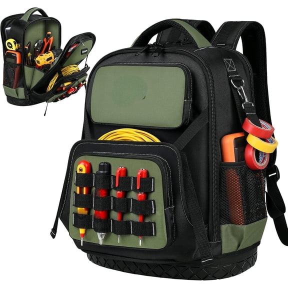 Tool Backpack, Heavy Duty Tool Bag, Large Empty Toolbag Organizer with Waterproof Molded Hard Bottom, Utility Tool Laptop Storage Back Pack, HVAC Technician Electrician Construction Men Dad Gift
