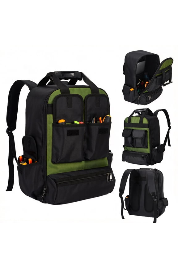 Tool Backpack with Molded Rubber Base, Heavy Duty 1680D Work Bag for Electricians, HVAC, Plumbers & Mechanics, Multi Pocket Tool Storage Organizer with Laptop Space, Black Green 12x9.5x18 inch