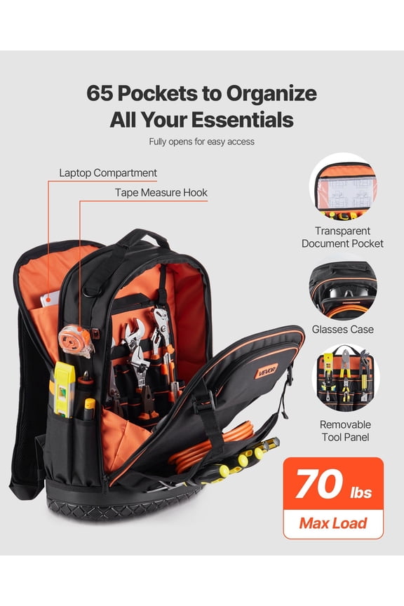 Tool Backpack with Tools,65 Pockets,Heavy-duty Tools Storage Organizer Bags with Laptop Compartment&Molded Base,Electrician Jobsite Backpack for Electrician,Repairman,and HVAC Techs