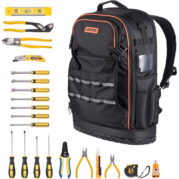 Tool Backpack with Tools, 65 Pockets, Heavy-duty Tools Storage Organizer Bags with Laptop Compartment & Molded Base, Electrician Jobsite Backpack for Electrician, Repairman, and HVAC Techs