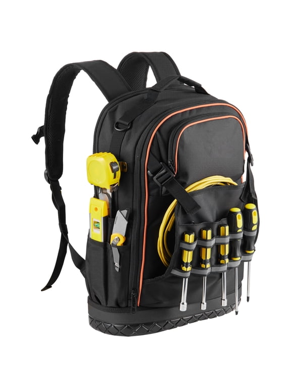 Tool Backpack with 21-Piece Tool Set, 65 Pockets Tear-Resistant Jobsite Backpack with PVC Base, Black & Orange