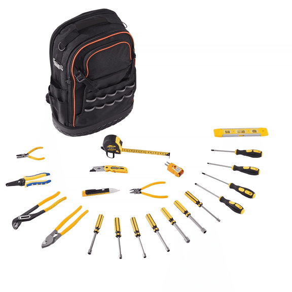 Tool Backpack with Tools 65 Pockets - Tear-resistant Jobsite Backpack for Electricians & Plumbers - Heavy Duty Work Backpack with 21-Piece Tool Set