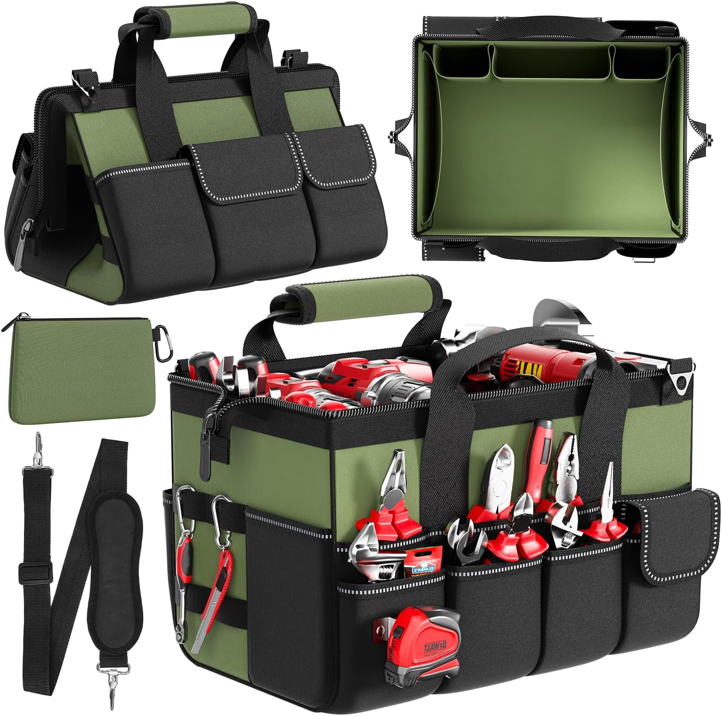 Tool Bag 15.5 Inch with 1 Pouch | 17-Pocket Portable Tool Box Organizer Storage with Adjustable Strap, Soft Handle and Durable Zipper | Heavy Duty Tool Bags for Men, Father’s Day (Green)