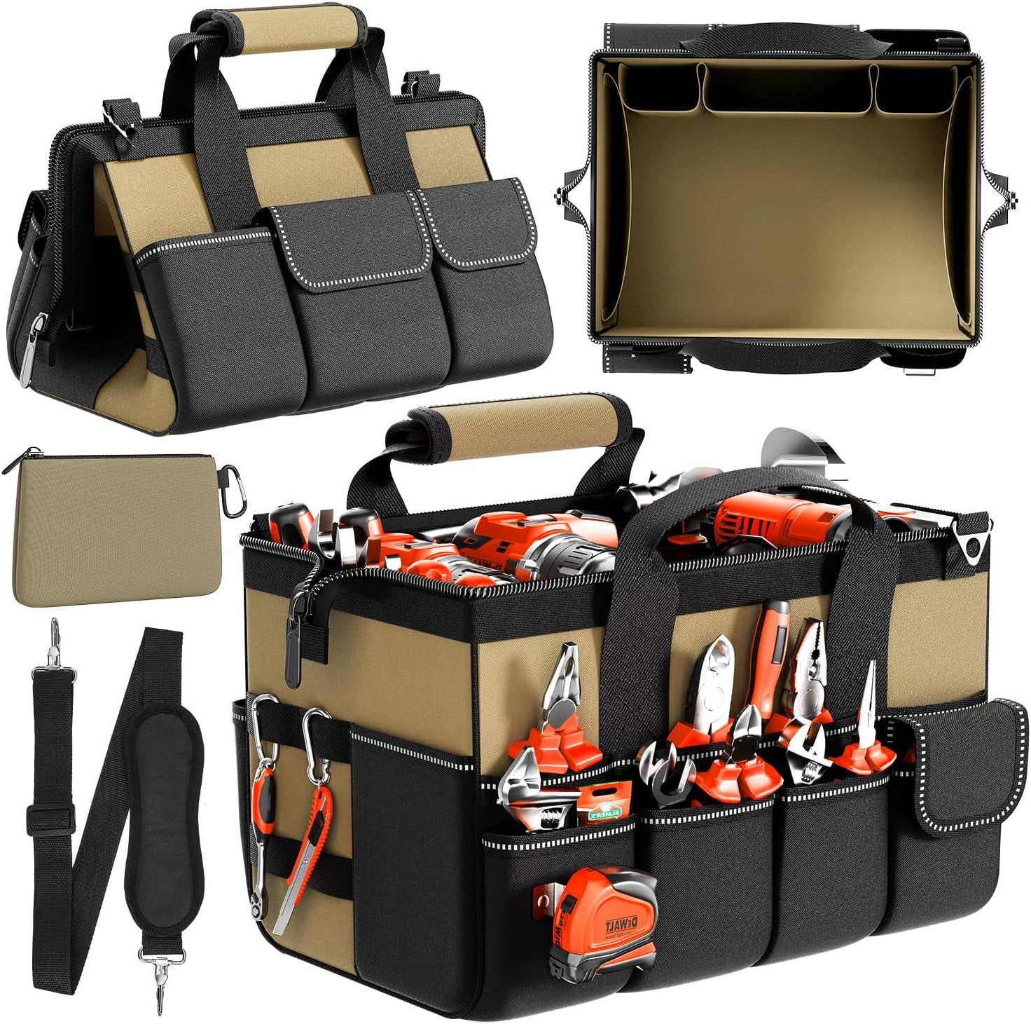 Tool Bag 15.5 Inch with 1 Pouch | 17-Pocket Portable Tool Box Organizer Storage with Adjustable Strap, Soft Handle and Durable Zipper | Heavy Duty Tool Bags for Men, Father’s Day (Khaki)