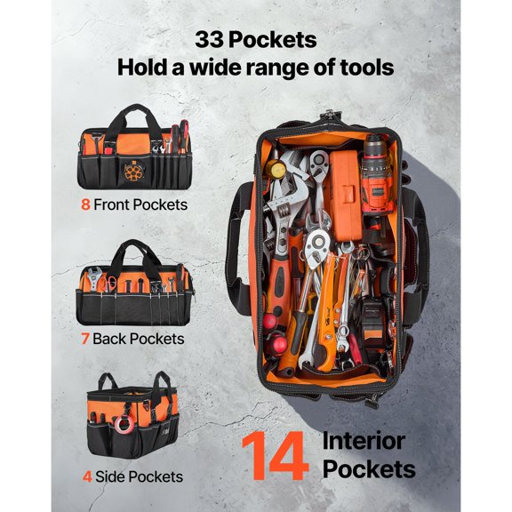 Tool Bag, 15.7 Inch, 33-Pocket Portable Tool Box Organizer Storage, Toolbox with Soft Handle, Large Zipper, Adjustable Shoulder Strap, Carrying Toolbag, for Men Women Dad Husband Fathers Day