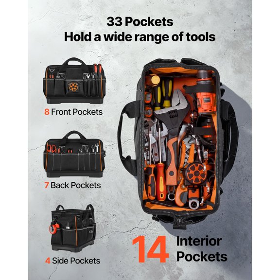 Tool Bag, 16.1 Inch, 33-Pocket Portable Large Tool Box Organizer Storage, Toolbox with Water-Resistant Base, Zipper, Adjustable Shoulder Strap Toolbag, for Men Women Dad Husband Fathers Day