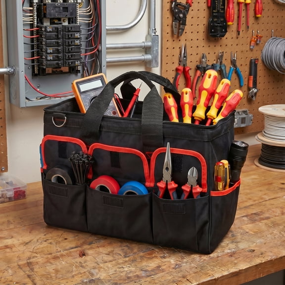 Tool Bag 17"Heavy Duty Oxford Cloth Multi Pocket Tool Storage Bag with Handle and Should Strap for Electrician Carpenter