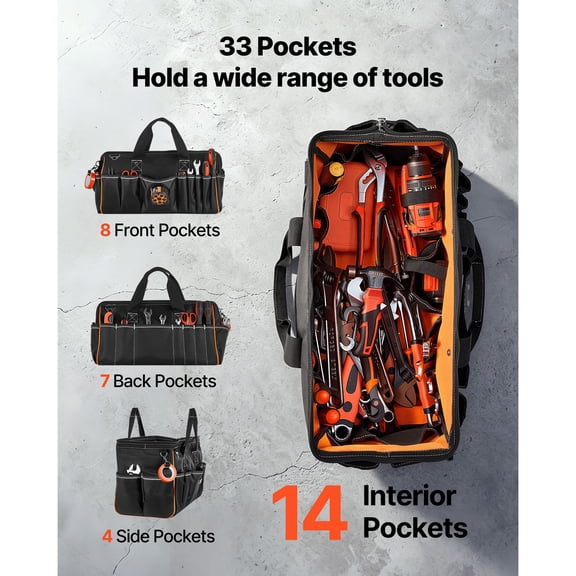 Tool Bag, 20 Inch, 33-Pocket Portable Large Tool Box Organizer Storage, Toolbox with Big Zipper, Adjustable Shoulder Strap, Water-Resistant Carry Toolbag, for Men Women Dad Husband Fathers Day