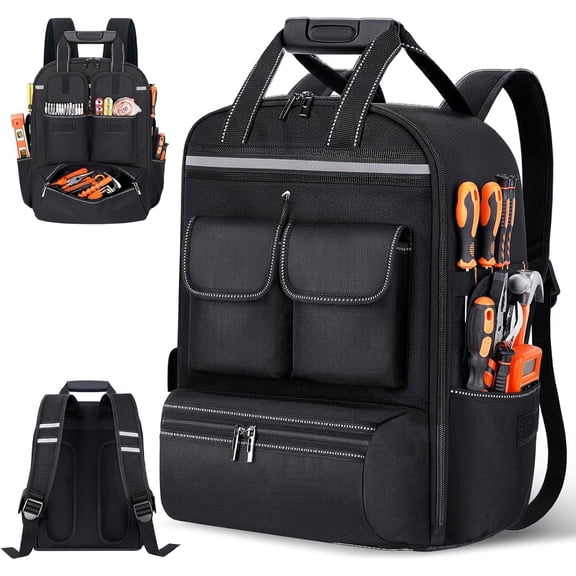 Tool Bag Backpack For Men With 18 Tool Pockets, Heavy-Duty Tool Storage Organizer Bag With Padded & Support, Multi Pouch Pockets bag For Contractor, Plumbers, HVAC Techs(Black)
