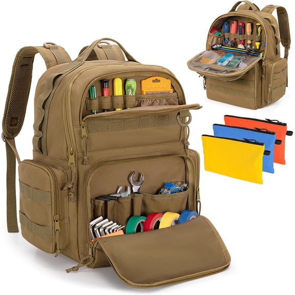 Tool Bag Backpack for Men with 3 Tool Pouches, Heavy-Duty Tool Storage Organizer Bag with Padded Shoulder & Waist Support, Tactical Work Tool Bag for Electrician, Repairman, HVAC Techs, Khaki