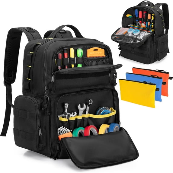 Tool Bag Backpack for Men with 3 Tool Pouches, Heavy-Duty Tool Storage Organizer Bag with Padded Shoulder & Waist Support, Tactical Work Tool Bag for Electrician, Repairman, HVAC Techs, Black