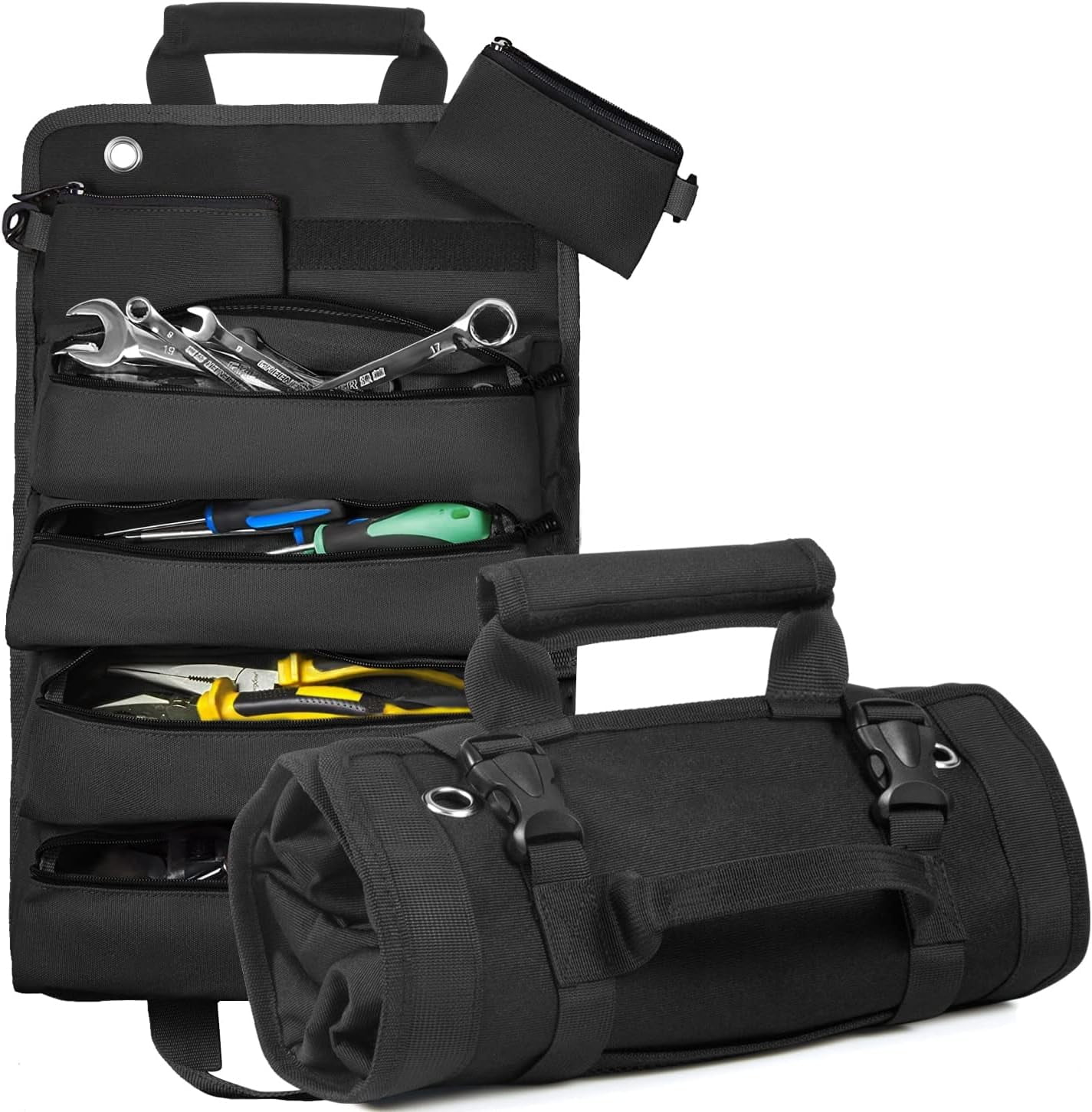 VISMIX Heavy Duty Roll Up Tool Bag Organizer With 6 Labeled Pouches - Large Tool Roll For Electricians, Mechanics, DIY