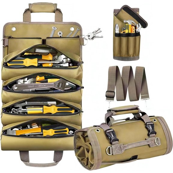 Tool Bag Roll Up Portable Tool Roll Organizer-Gifts Dad Roll-Up Tool Bag Pockets for Wrenches, Sockets & Hand Tools for Mechanics & Electricians Handyman