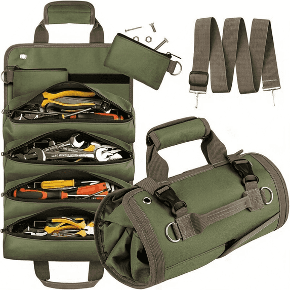 Tool Bag Roll Up – Heavy Duty Portable Soft Tool Storage – Foldable Empty Rollup Organizer with Small Pockets – Rollable Tool Bag – Valentines Day Gifts for Him Dad Men Mechanic Welding – Green