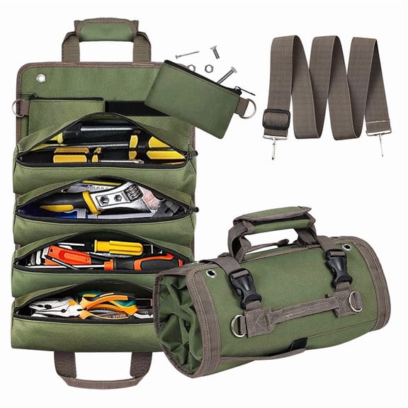Tool Bag Roll Up, Heavy Duty Portable Soft Tool Storage, Foldable Empty Rollup Organizer with Small Pockets, Official Rollable Toolbag, Valentines Day Gifts for Him Dad Men Mechanic Welding, Green