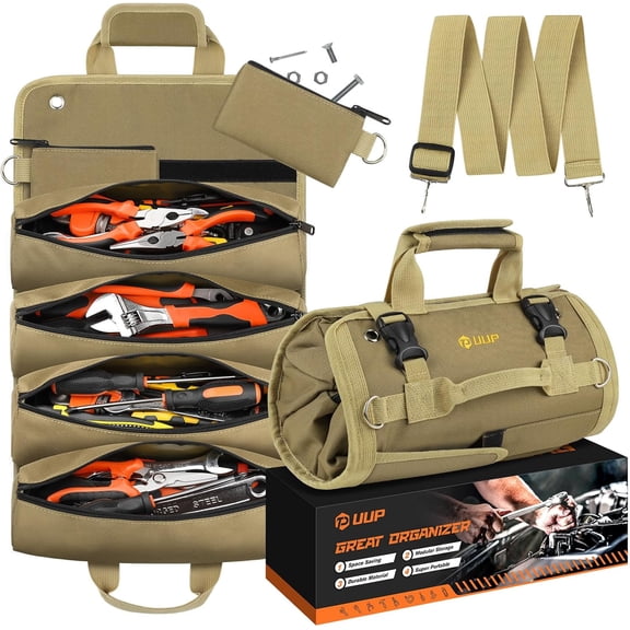 Tool Bag Roll Up,  Heavy Duty Rolled Empty Tool Storage Organization, Portable Foldable Rollup Organizer with 2 Small Pouches, Rollable Carrying Toolbag, Dad Men Mechanic Birthday Gifts, Khaki