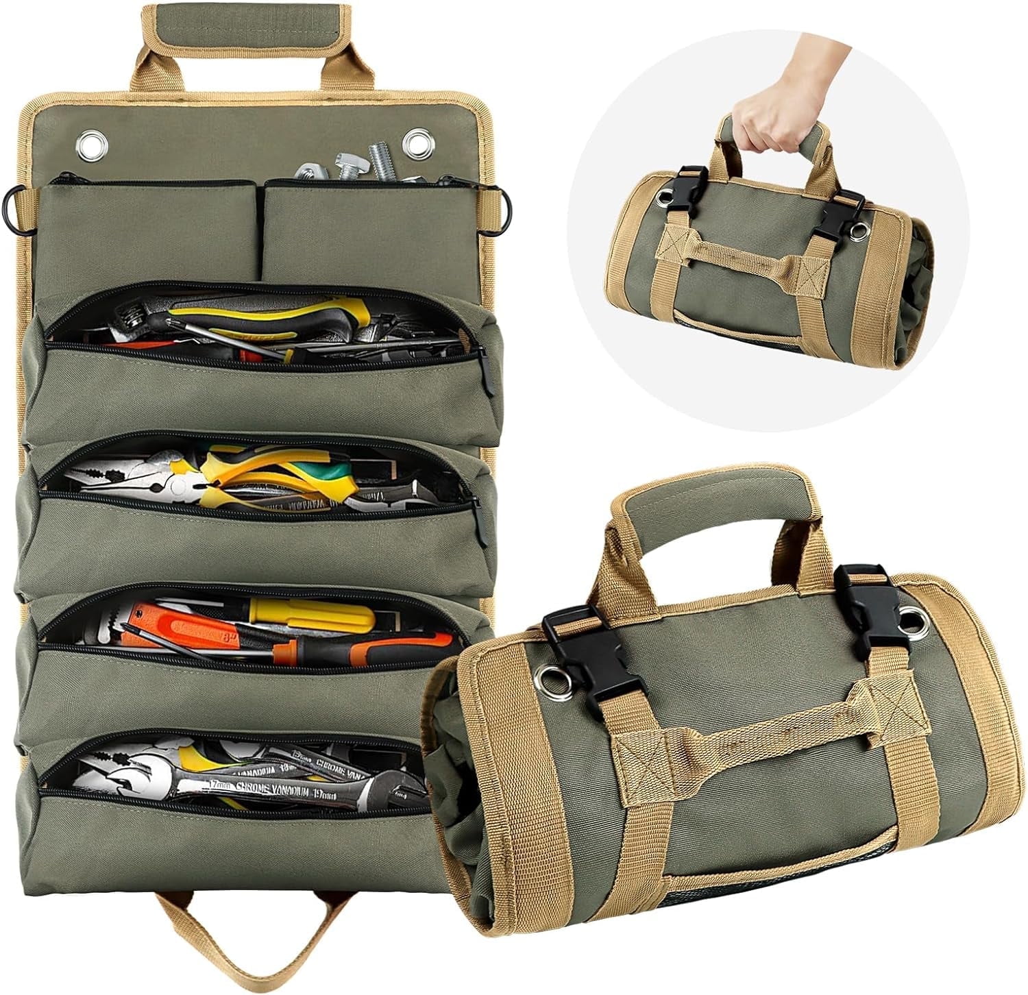 Tool Bag Roll Up, Heavy Duty Tool Organizer for Men Women, Portable Tool Storage Box with 2 Detachable Zipper Pouch, Tool Storage Kit for Mechanic & Electrician, Father Day Dad Gifts, Green