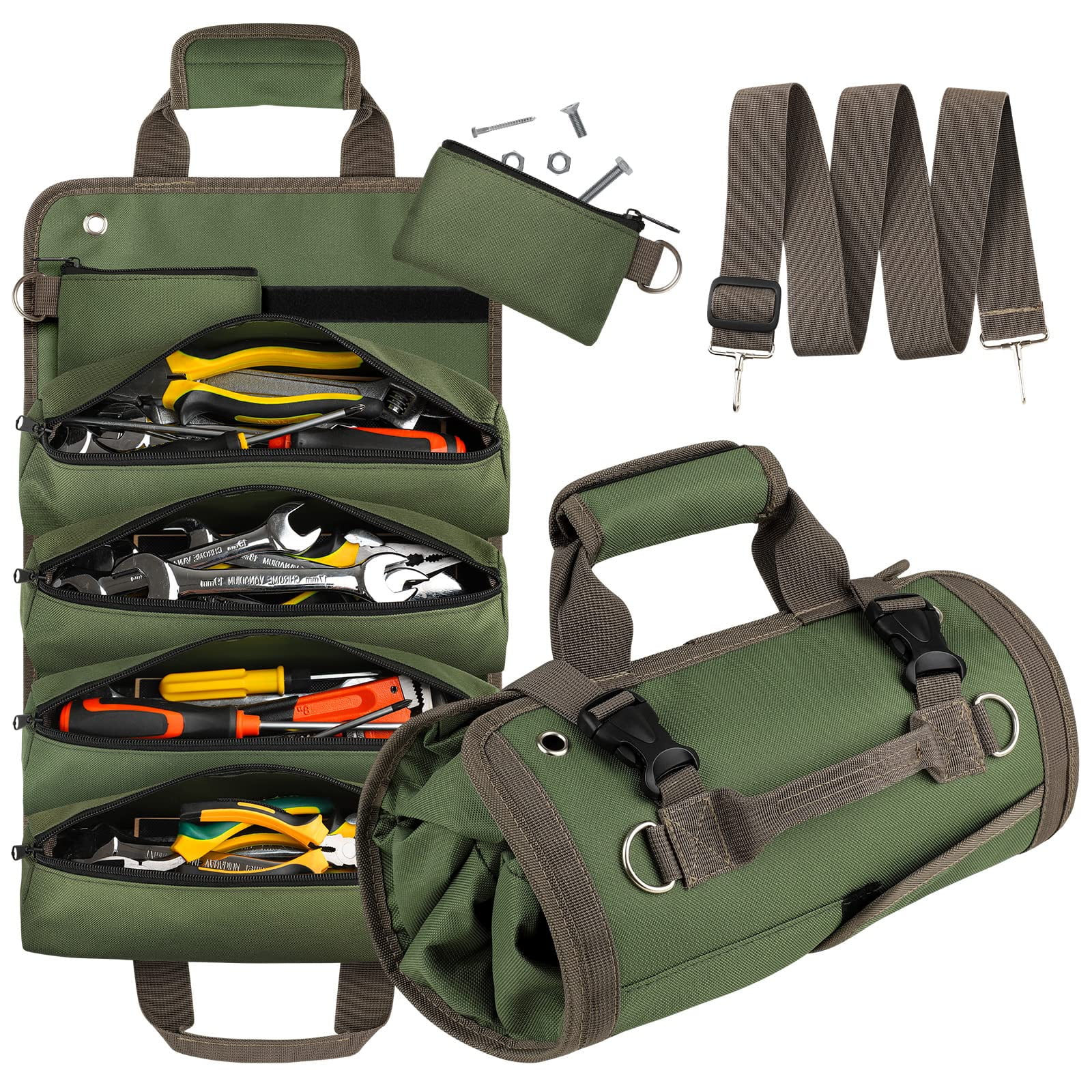 Tool Bag Roll Up, Heavy Duty Tool Organizer for Men Women, Portable Tool Storage Box with 2 Detachable Zipper Pouch