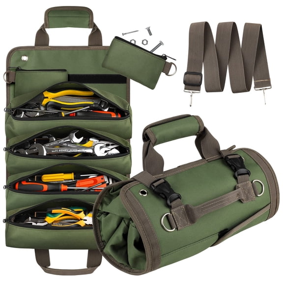 Tool Bag Roll Up, Heavy Duty Tool Organizer for Men Women, Portable Tool Storage Box with 2 Detachable Zipper Pouch
