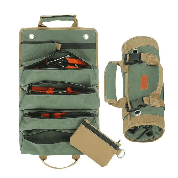 Tool Bag Roll Up, UUP Heavy Duty Rolled Empty Tool Storage Organization, Portable Foldable Rollup Organizer with 2 Small Pouches, Rollable Carrying Toolbag, Dad Men Mechanic Birthday Gifts