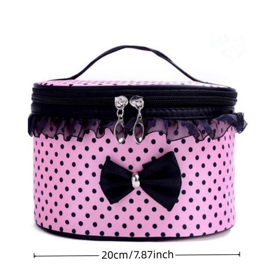 Tool Bag Storage Organizer for Girls and Teens—Polka Makeup Pouch with Black Bow Ruffle Trim Handle Zipper Portable Travel Cosmetic