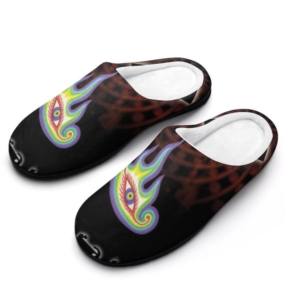 Tool Band Rock Eye Fuzzy Cotton Slippers For Mens Winter Cotton Lightweight Anti-slip Rubber Sole Slippers House Open Back Slippers Closed Toe Slippers
