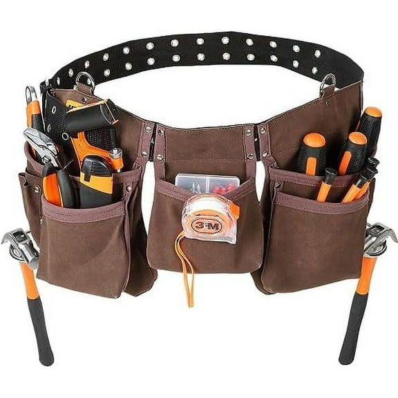Tool Belt, Adjusts from 29 to 54, Leather Heavy Duty Tool Pouch Bag with Dual Hammer Loops, Tool Bag for Electrician, Carpenter, Handyman, Construction, Framer, Brown Brown Faux Leather Brown Faux