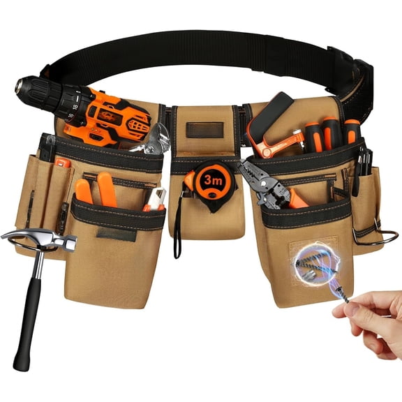 Tool Belt for Electricians & Construction Workers, Adjustable Work Belt with Zone, 17-Pocket Detachable System, Padded 600D Polyester Tool Belt for Men, Coffee Brown