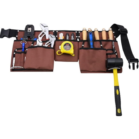 Tool Belt, Heavy Duty Construction Tool Belt, 29 Inch to 42 Inch Brown and Black Adjustable Tool Belt, Work Apron, Tool Pouch