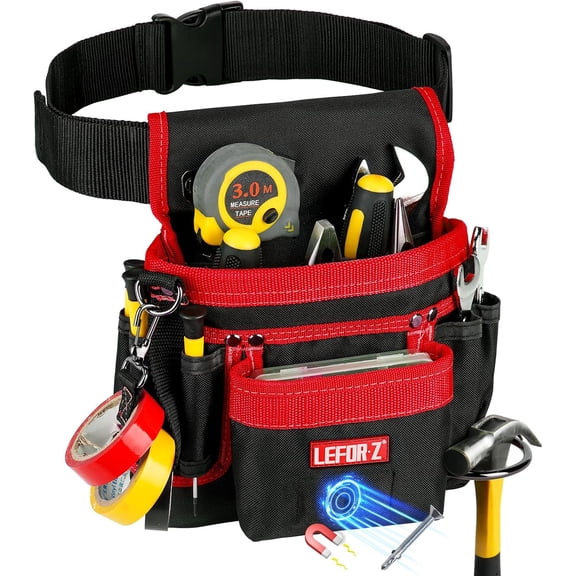 Tool Belt,Magnetic Tool Pouch,14-Pockets Tool Belts for Men,Detachable & Adjustable Tool Pouch Belt for Electrician,Carpenter,Construction,Work Apron,Utility Belt,Black-Red