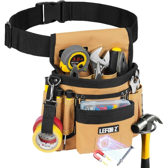Tool Belt,Magnetic Tool Pouch,14-Pockets Tool Belts for Men,Detachable & Adjustable Tool Pouch belt for Electrician,Carpenter,Construction,Work Apron,Utility Belt,Black-Brown
