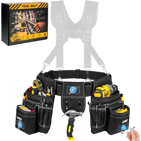 LEFORĀ·Z Heavy Duty Utility Work Belt,27 Pockets Magnetic Detachable Pouch with 4 D-Rings,Brown,for Electrician Carpenter Construction Work