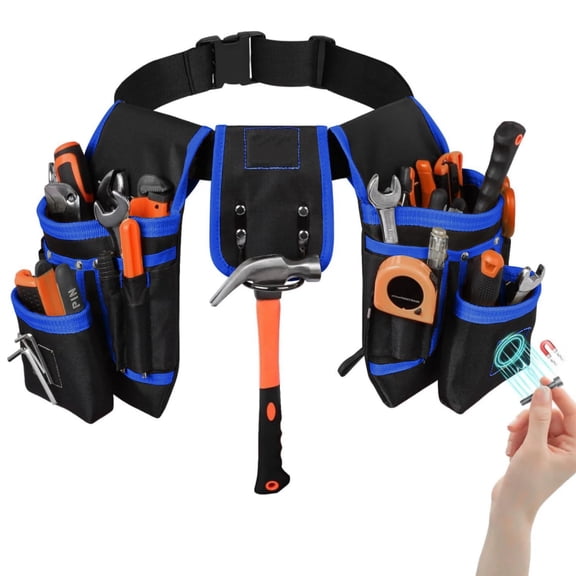Tool Belt,Magnetic Tool Pouch,27-Pockets Heavy Duty Tool Belts for Men with 4 D-Rings,Detachable Tool Pouch Bag,Carpenter,Construction,Blue