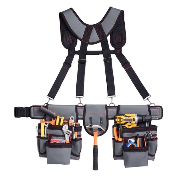 Tool Belt with Suspenders 22 Pockets Heavy Duty Adjustable Utility Work Belt 32-68in Waist Tool Pouch Apron for Electrician Carpenter Construction Work