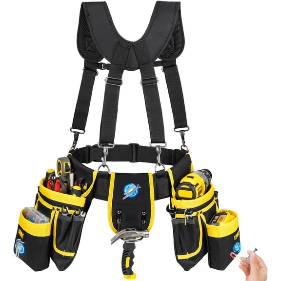 Tool Belt with Suspenders,27-Pockets Heavy Duty Tool Belts for Men,Detachable & Adjustable Work Belt Bag for Electrician,Carpenter,Construction,Utility Toolbelt,Valentines Day Gifts for Men,Yellow