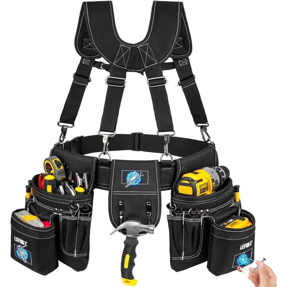 Tool Belt with Suspenders,27-Pockets Heavy Duty Tool Belts for Men with Magnetic Tool Pouch,Detachable & Adjustable Work Belt Bag for Electrician,Carpenter,Construction,Utility Toolbelt,Black