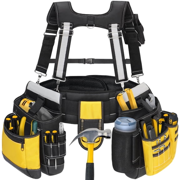 Tool Belt with Suspenders for Men, Heavy Duty Construction Tool Belt with 32 Pockets, 1680D Material, Reflective Strips for Safety, HVAC Toolbelt for Men, Yellow