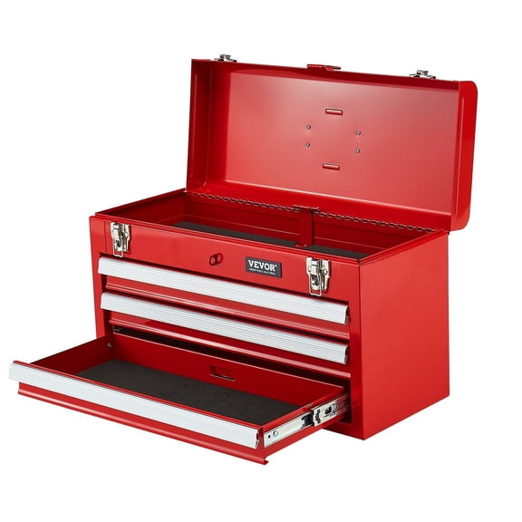 Tool Box 20.5-inch, 3-Drawer Portable Metal Tool Chest with Tray, Red