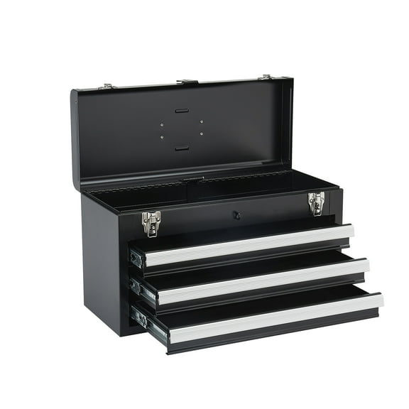 Durable 20.5-Inch Portable Metal Tool Box in Black with 3 Drawers Organizer