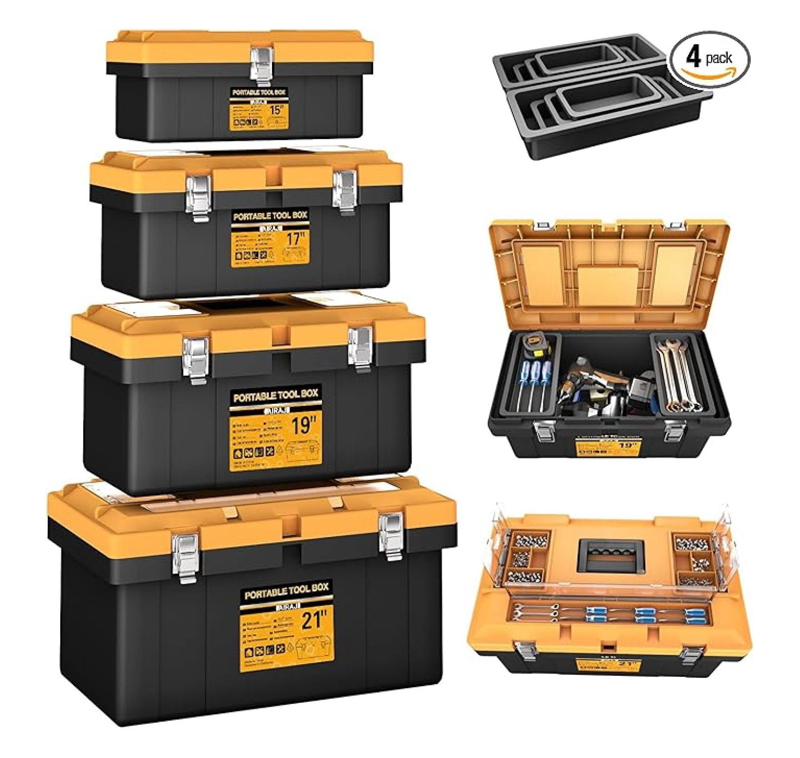 Tool Box | 4 In 1 Toolbox Set | 8 Removable Tool Box Organizers | 15”+17”+19”+21” | Lockable Portable Tool Boxes | Mini/Small/Large Toolboxes | Garage Storage Tools | Home/Professional | Hand/Power