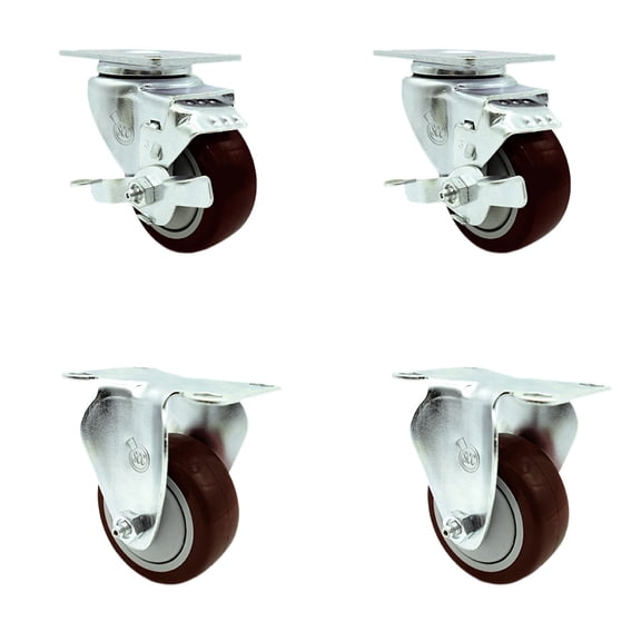 Tool Box Caster Wheel Set 3.5 Inch Maroon Polyurethane Swivel Casters SCC