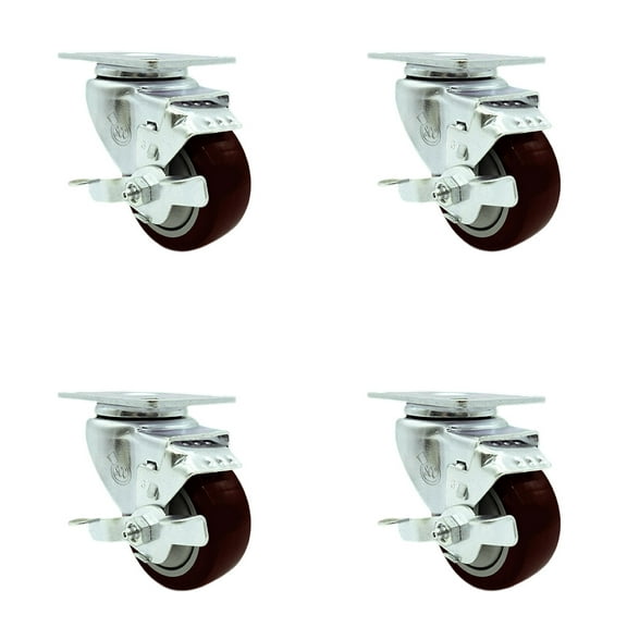 Tool Box Caster Wheel Set – 3.5 Inch Maroon Polyurethane Swivel Casters – SCC