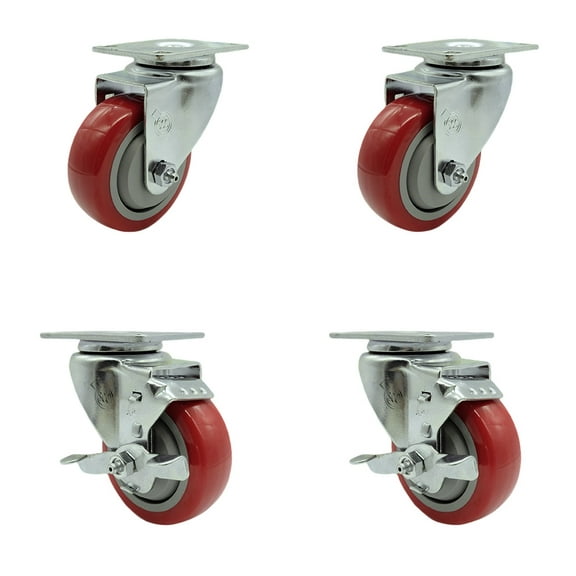 Tool Box Caster Wheel Set 3.5 Inch Red Polyurethane Swivel Casters SCC