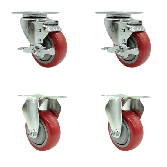 Tool Box Caster Wheel Set  3.5 Inch Red Polyurethane Swivel Casters  SCC