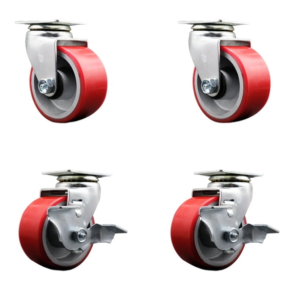 Tool Box Caster Wheel Set – 4 Inch Red Poly on Cast Iron Swivel Casters – SCC