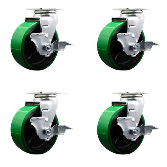 Tool Box Caster Wheel Set – 5 Inch Green Poly on Cast Iron Swivel Casters – SCC